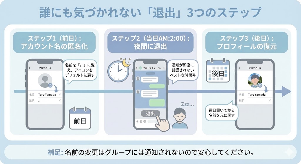 LINEグループをこっそり抜けるための最も目立ちにくい3つの手順の図