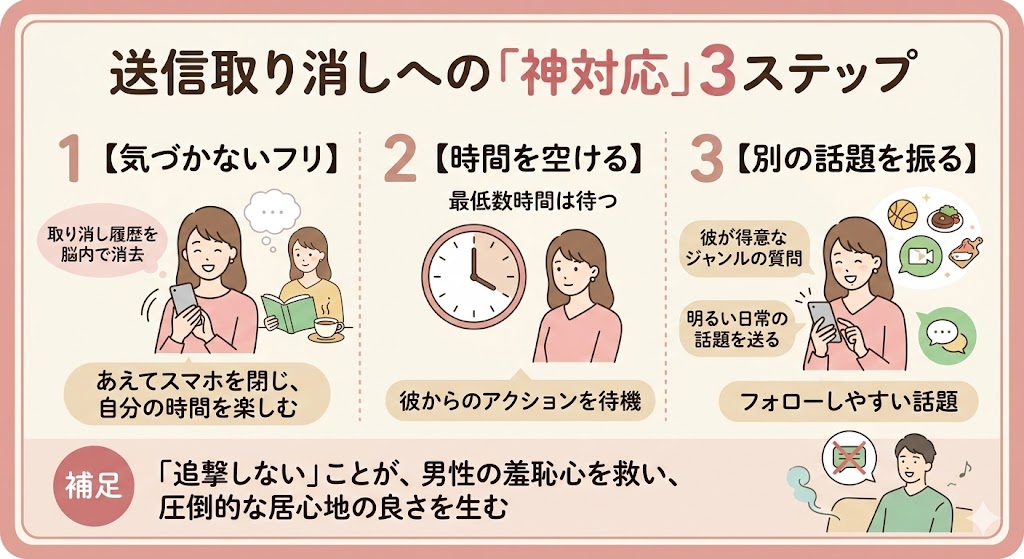 送信取り消しを見たとき、関係を崩さない3つの神対応の図解