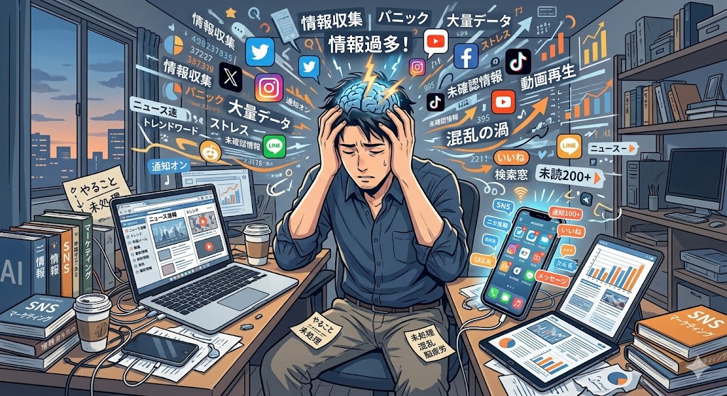 【情報過多でしんどい】調べすぎて疲れるのは脳疲労が原因のイラスト