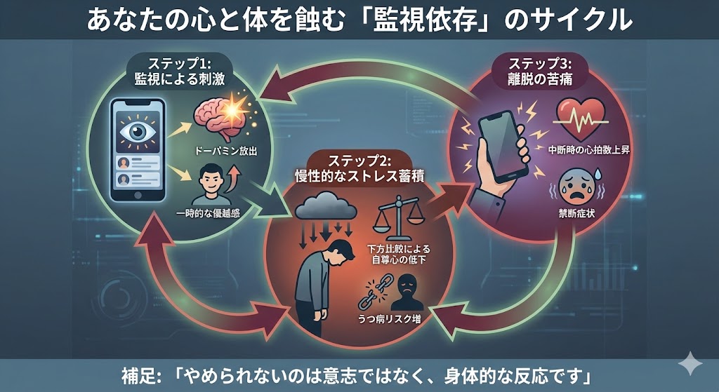 なぜ嫌いなのにSNSを見てしまうのか？監視依存のメカニズム解説の図