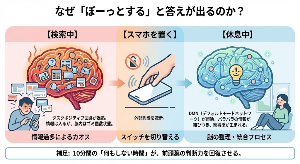 最新脳科学が示す、なぜ“ぼーっとする時間”が必要なのか。何もしない時間が前頭葉の判断力を回復させる脳の仕組みの図解