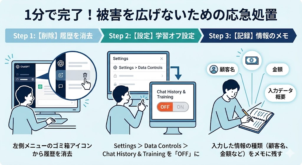 チャットGPTに個人情報を入力してしまった直後にやるべき3つのことを書いたイラスト