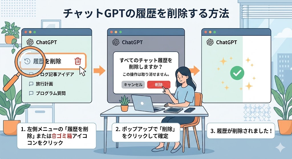 チャットgptのチャット履歴を削除する手順のイラスト