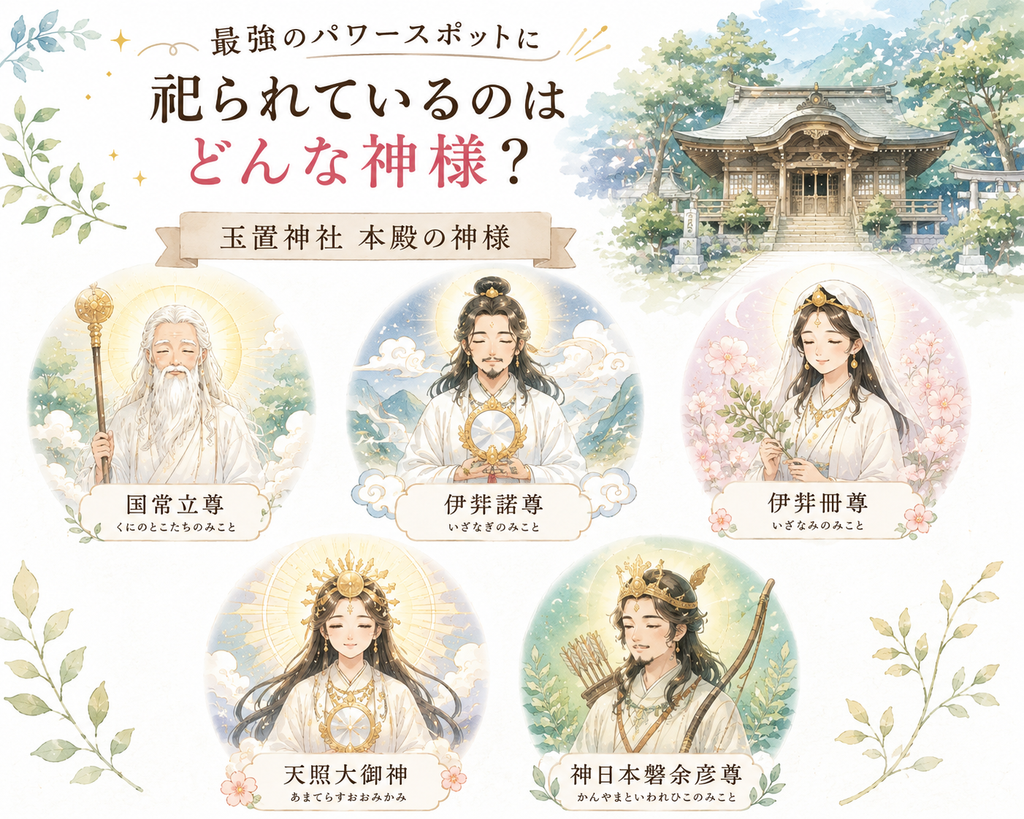 玉置神社の本殿に祀られている五柱の神様をイラスト一覧で説明した図